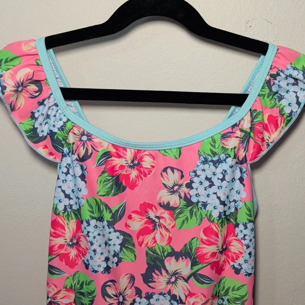 Betsey Johnson One-Piece Swimsuit Pink Blue Floral Ruffle Pom-Pom Trim Size M 10